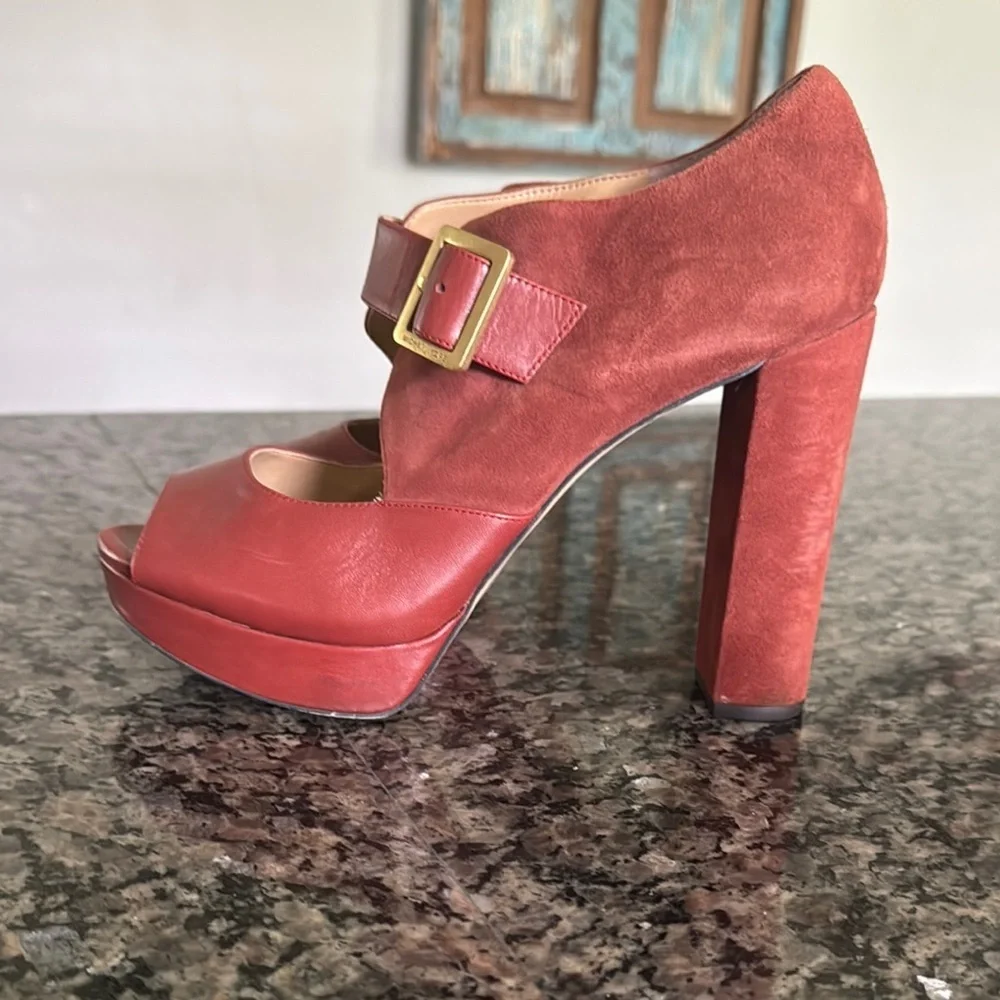 Michael Kors Red Platform chunky Suede Heels EUC 9 - Picture 6 of 15